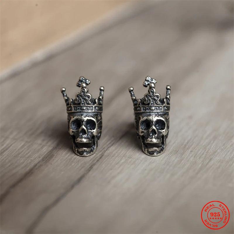 925 Silver Retro Skull King Crown Stud Earring Domineering Skeleton Jewelry