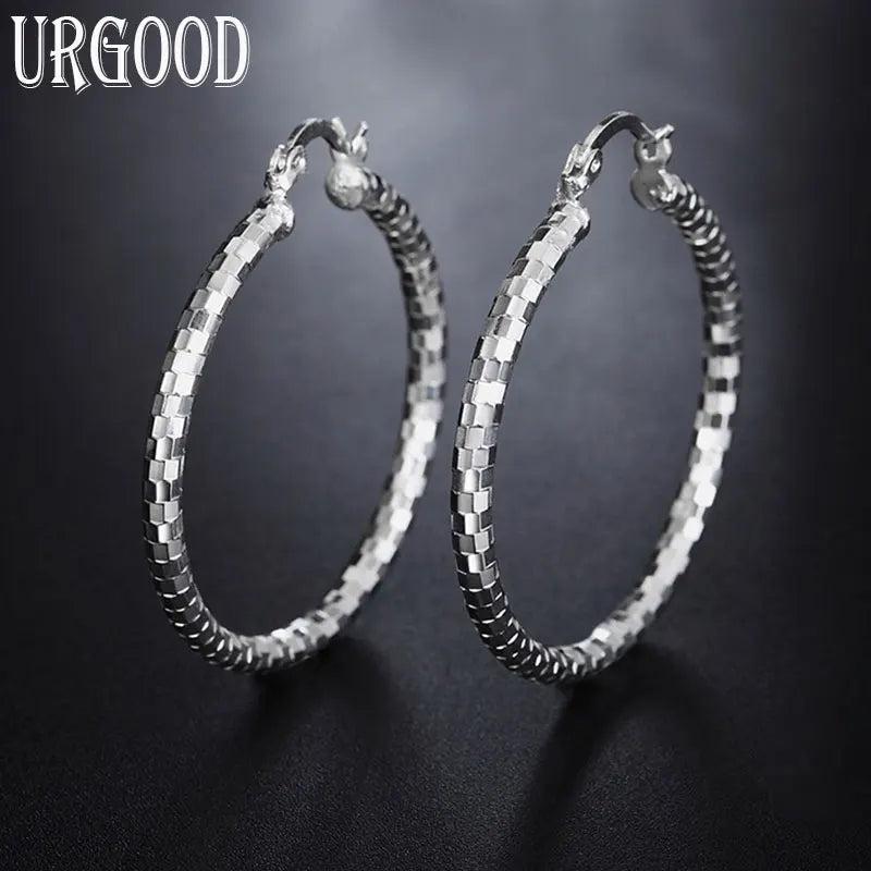 925 Silver Circle Pattern Hoop Earrings Women Jewelry Gift