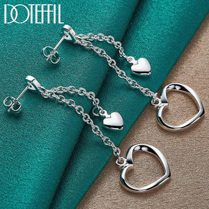 925 Silver Double Heart Drop Earrings Wedding Jewelry