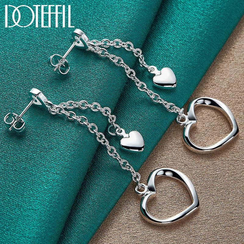 925 Silver Double Heart Drop Earrings Wedding Jewelry
