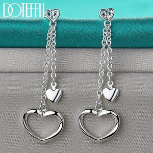 925 Silver Double Heart Drop Earrings Wedding Jewelry