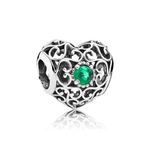 Openwork Month Signature Heart Birthstone Bead 925 Sterling Silver Charm