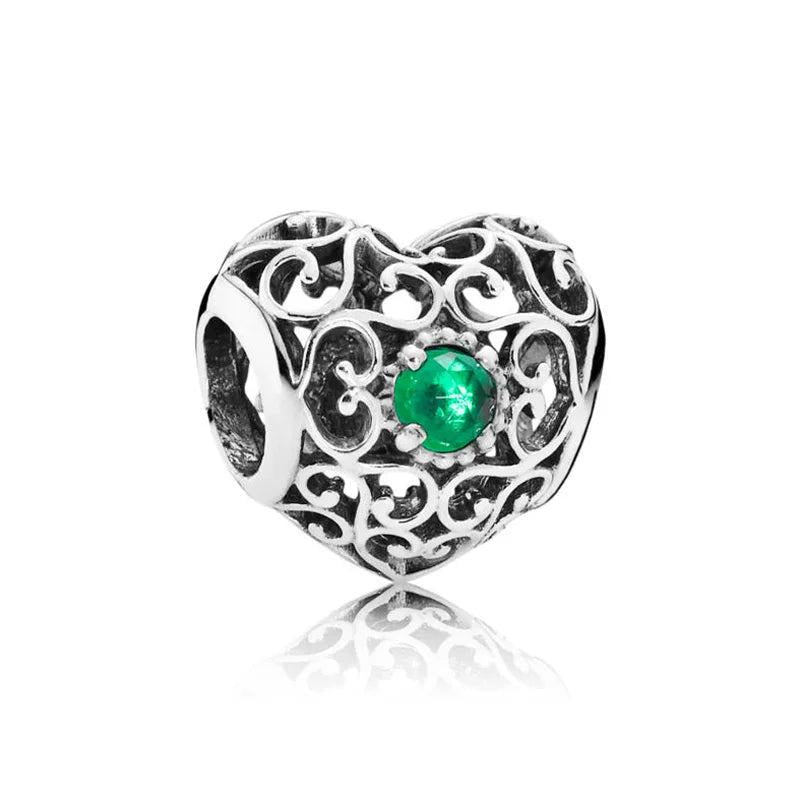 Openwork Month Signature Heart Birthstone Bead 925 Sterling Silver Charm