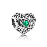 Openwork Month Signature Heart Birthstone Bead 925 Sterling Silver Charm