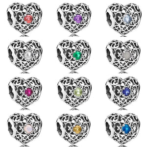 Openwork Month Signature Heart Birthstone Bead 925 Sterling Silver Charm