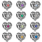 Openwork Month Signature Heart Birthstone Bead 925 Sterling Silver Charm