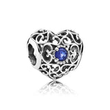 Openwork Month Signature Heart Birthstone Bead 925 Sterling Silver Charm