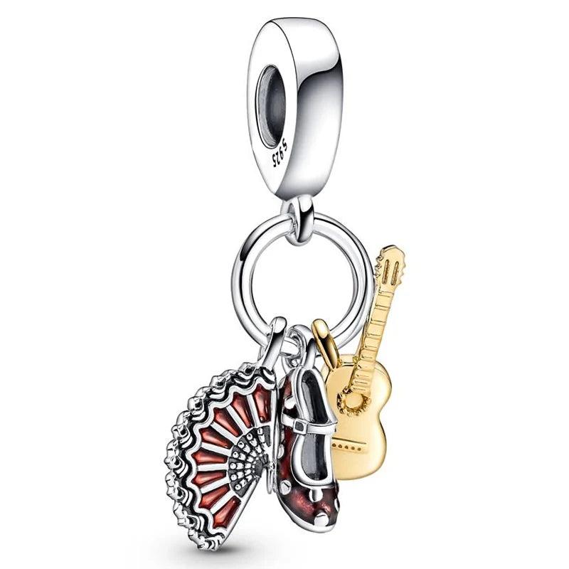 Spanish Guitar Fan Goose Pendant Bead 925 Silver Charm Bracelet Jewelry