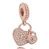 Sterling Silver Rose Love Heart Lock Charm Bead for Bracelet DIY Jewelry