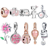 925 Silver Pink Flower Birthday Charm for Bracelets & Necklace