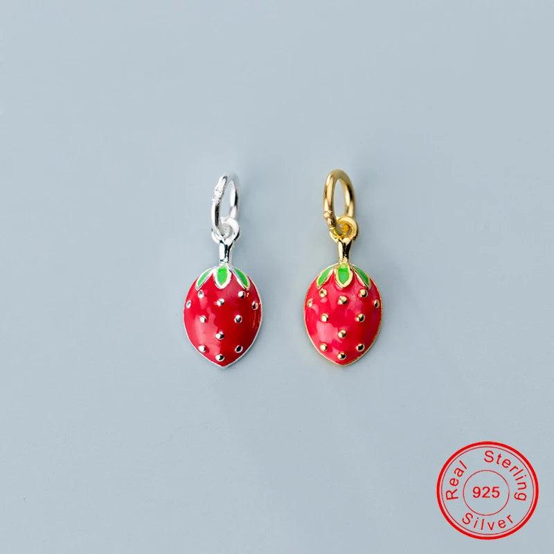 925 Silver Enamel Strawberry Dangle Charms DIY Craft