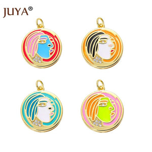 Round Abstract Figure Enamel Copper Pendant DIY Earrings Necklace