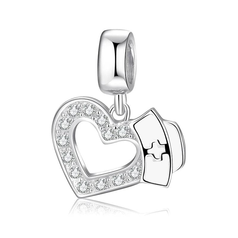 925 Silver Nurse Hat Heart Brain Lungs Ribs Pendants Beads Charm Bracelet