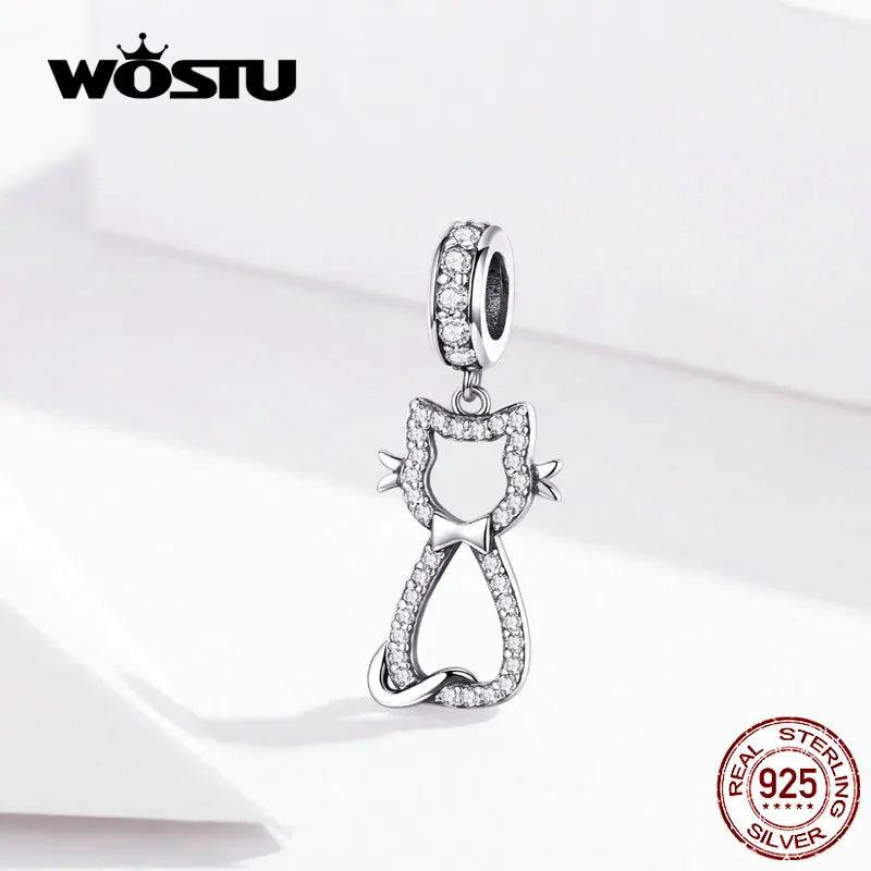 Sweet Cat Dangle Charm 925 Silver Zircon Beads DIY Bracelet Jewelry FIC1162