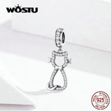 Sweet Cat Dangle Charm 925 Silver Zircon Beads DIY Bracelet Jewelry FIC1162