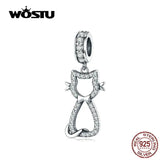 Sweet Cat Dangle Charm 925 Silver Zircon Beads DIY Bracelet Jewelry FIC1162