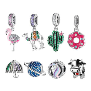 925 Silver Pink CZ Flamingo Charm Bead for Bracelets