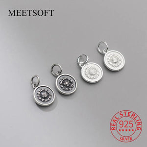 S925 Sterling Silver Sunflower Round Pendant Charms DIY Making Supplies