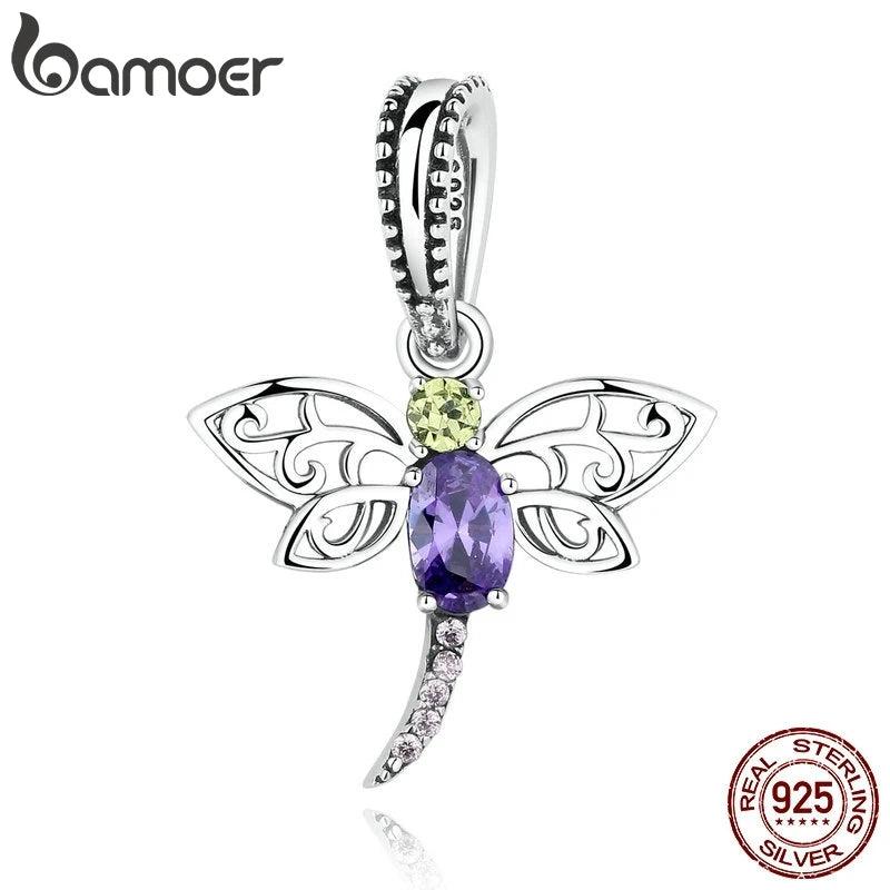 925 Silver Purple Dragonfly Hanging Insects Charms DIY Jewelry SCC048