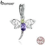 925 Silver Purple Dragonfly Hanging Insects Charms DIY Jewelry SCC048