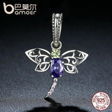 925 Silver Purple Dragonfly Hanging Insects Charms DIY Jewelry SCC048