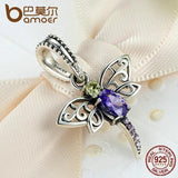 925 Silver Purple Dragonfly Hanging Insects Charms DIY Jewelry SCC048