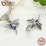 925 Silver Purple Dragonfly Hanging Insects Charms DIY Jewelry SCC048