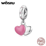 925 Silver Double Pink Love Heart Bead Pendant
