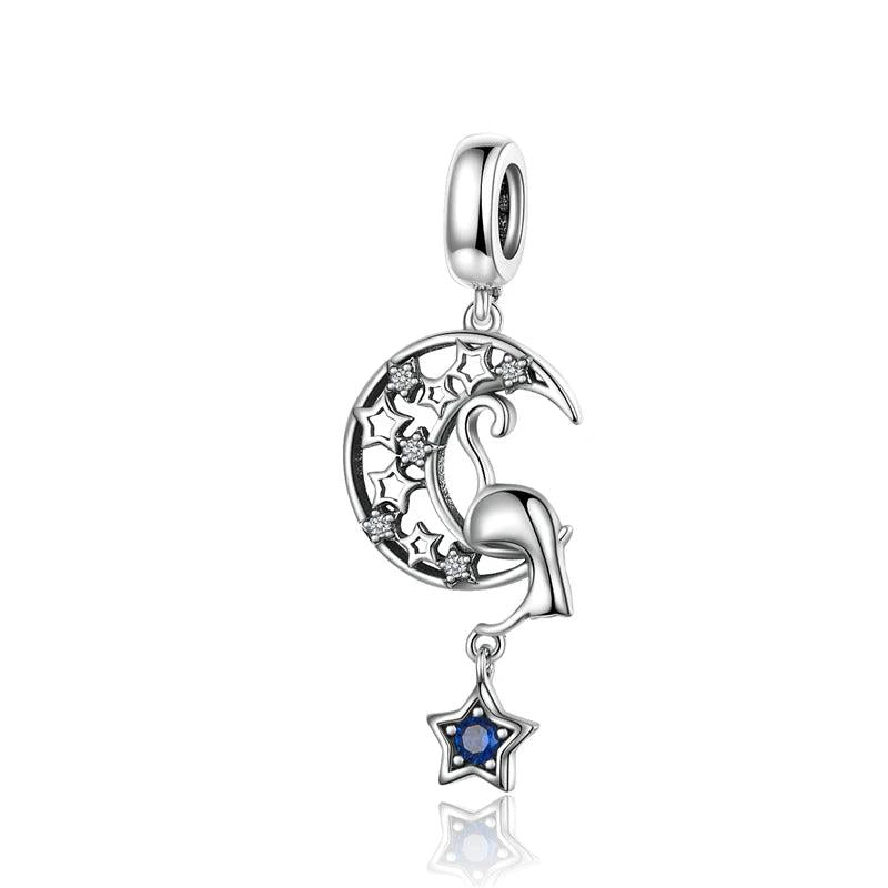 925 Silver Moon & Stars Dangle Charm Zirconia Beads DIY Bracelet Women