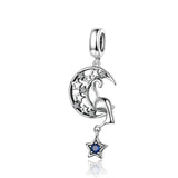 925 Silver Moon & Stars Dangle Charm Zirconia Beads DIY Bracelet Women