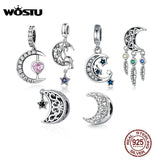 925 Silver Moon & Stars Dangle Charm Zirconia Beads DIY Bracelet Women