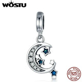 925 Silver Moon & Stars Dangle Charm Zirconia Beads DIY Bracelet Women