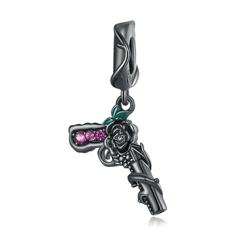 925 Silver Rose Pistol Vintage Pendant Butterfly Charms Women Jewelry