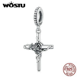 925 Sterling Silver Rose Vines Cross Charm Beads Fit Bracelet DIY Jewelry