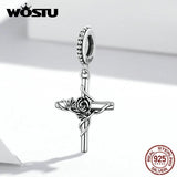925 Sterling Silver Rose Vines Cross Charm Beads Fit Bracelet DIY Jewelry
