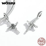 925 Sterling Silver Rose Vines Cross Charm Beads Fit Bracelet DIY Jewelry