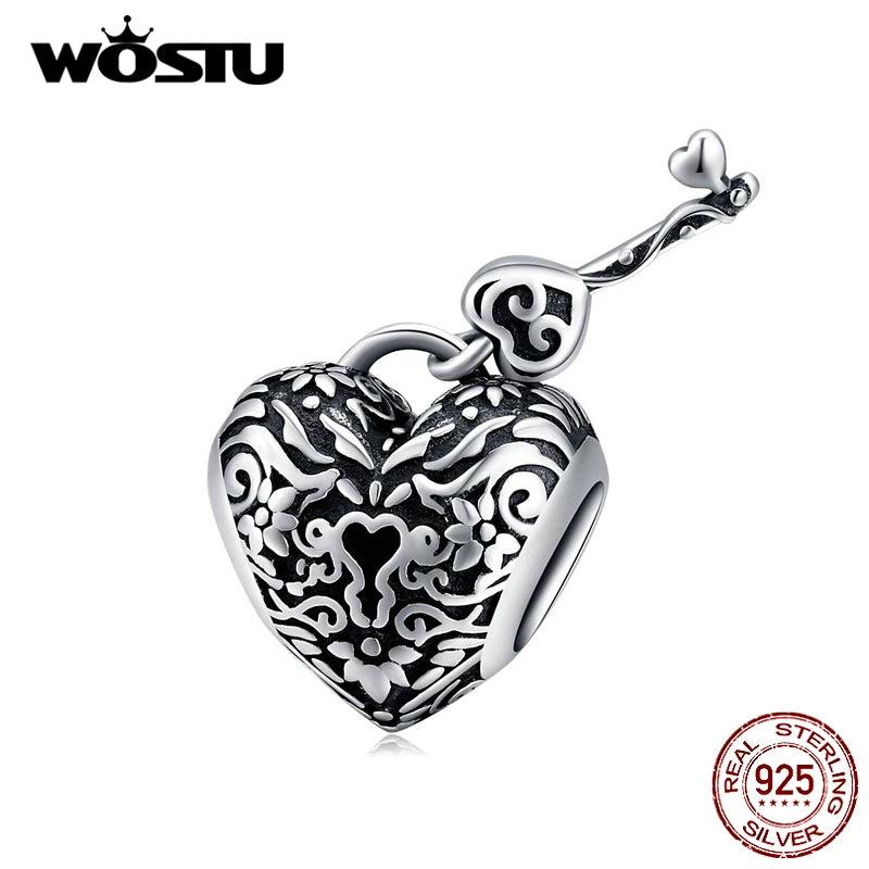 925 Silver Heart Lock Key Beads Charms Fit Bracelet Pendant Vintage CQC1447