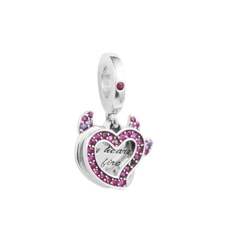 Valentine Devil Heart Double Dangle Bead 925 Silver DIY for Bracelets