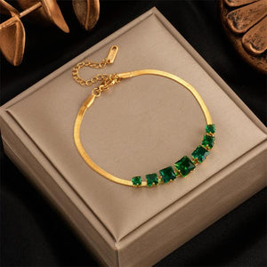 316L Stainless Steel Green Zircon Charm Snake Chain Bracelet