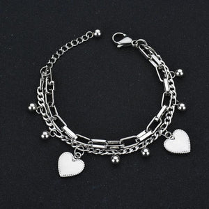 Akizoom Punk Double Layers Bangles Stainless Steel 2 Heart Hand Chain Bracelets