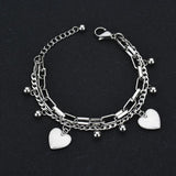 Akizoom Punk Double Layers Bangles Stainless Steel 2 Heart Hand Chain Bracelets