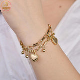 Akizoom Punk Double Layers Bangles Stainless Steel 2 Heart Hand Chain Bracelets
