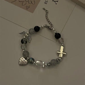Vintage Beaded Charm Bracelet Angel Wing Heart Cross Pendant Dark Jewelry