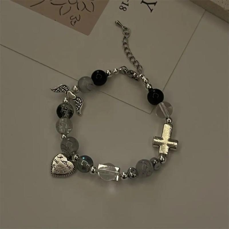 Vintage Beaded Charm Bracelet Angel Wing Heart Cross Pendant Dark Jewelry