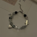 Vintage Beaded Charm Bracelet Angel Wing Heart Cross Pendant Dark Jewelry