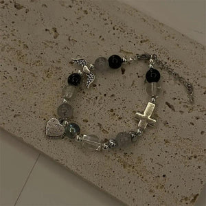 Vintage Beaded Charm Bracelet Angel Wing Heart Cross Pendant Dark Jewelry