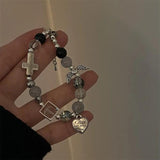 Vintage Beaded Charm Bracelet Angel Wing Heart Cross Pendant Dark Jewelry