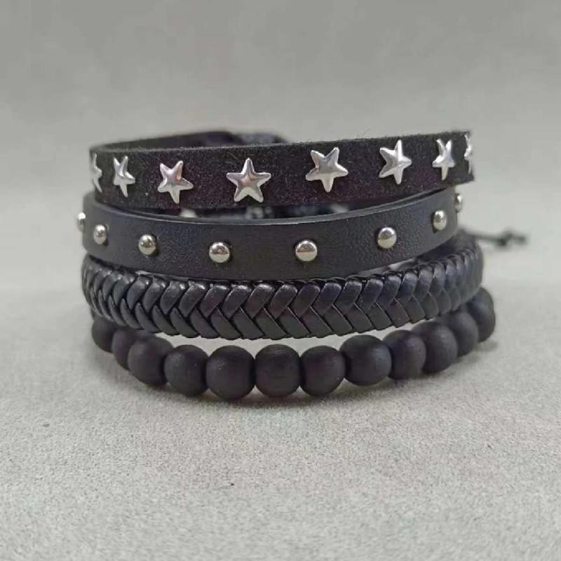 Vintage Bronze Feather Charm Leather Bracelets Set