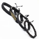 Vintage Bronze Feather Charm Leather Bracelets Set