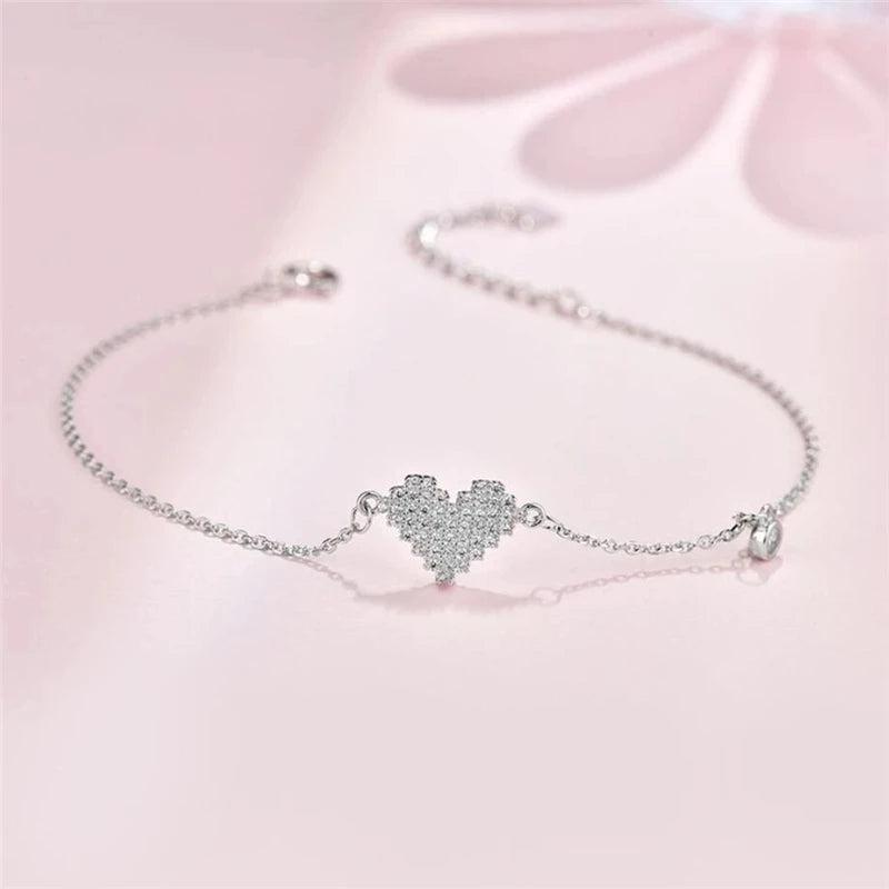 Silver Crystal Heart Charm Bracelet for Women Wedding Birthday Jewelry
